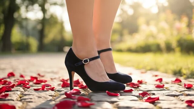 closeup of female legs in elegant black high heels walking on cobblestone path strewn with red rose petals. romantic concept, valentine's day, wedding celebration. fashion, footwear, love.