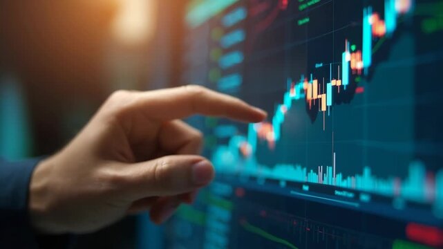 Close-up of a hand pointing at rising financial charts on a digital display. Concept of investment, trading, stock market analysis, and economic growth in a modern business environment.
