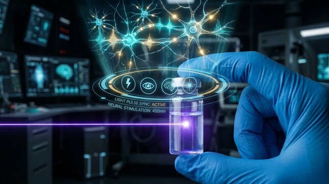 Futuristic neural stimulation hologram activated by laser beam targeting medical vial in laboratory.