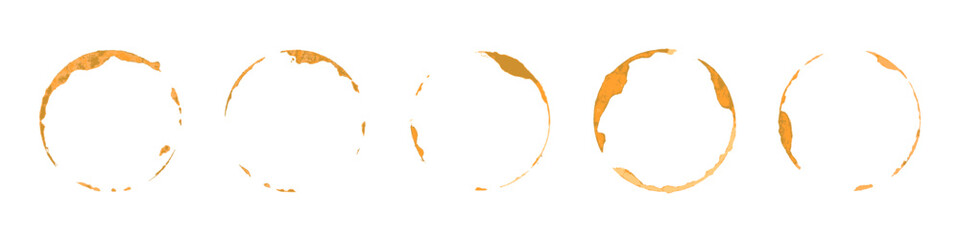Obraz premium Coffee cup stains set. Brown circular coffee rings and splashes on white background. Realistic beverage marks collection for design, cafe menu decoration. Vector illustration.
