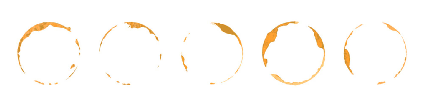 Coffee cup stains set. Brown circular coffee rings and splashes on white background. Realistic beverage marks collection for design, cafe menu decoration. Vector illustration.