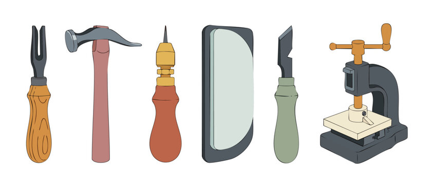 Leather crafting tools collection set for professional artisan, leatherwork equipment with hammer, groover, punch, and press machine for handmade leather goods manufacturing, hobby and workshop concep