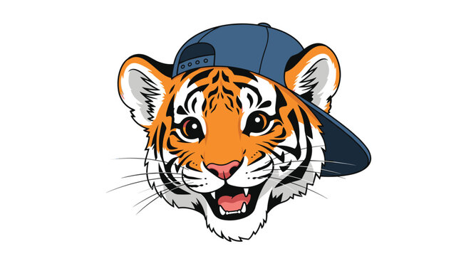 Smiling young tiger cub wearing a stylish blue baseball cap backwards looks friendly and energetic in this detailed illustration.