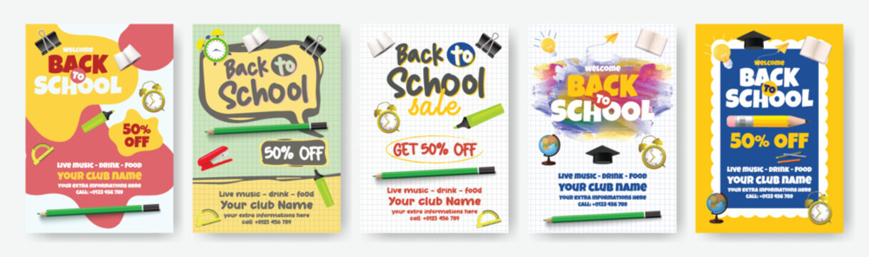 Back to School modern A4 flyer poster template bundle for school admission, enrolment, online learning education celebration party promotional sale discount brochure cover print ready design pack