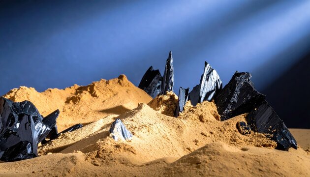 Jagged obsidian shards embedded in soft porous clay mounds under dramatic blue light, a cinematic geological display of contrasting textures and sharp volcanic rock formations in a barren landscape.