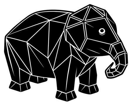 ​Geometric low poly elephant illustration. Minimalist black and white polygonal animal character in vector style