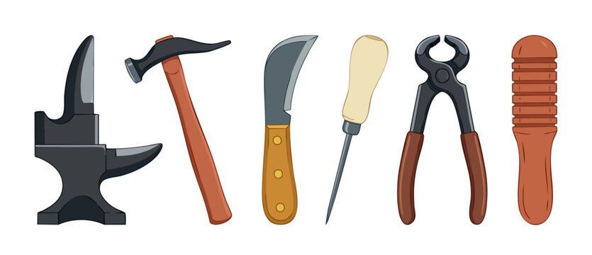 Leather working tools set with anvil hammer knife awl pliers and wooden burnisher isolated on white background for professional artisan craft projects, hobby equipment icons for leather crafting repai