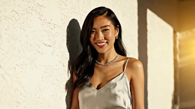 beautiful asian woman smiling in silver silk dress and diamond necklace. elegant female portrait against white textured wall with sunlight shadows. fashion blog, beauty magazine, lifestyle.