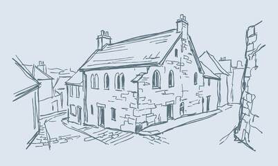 Naklejka premium Vector line art of a vintage building. Old Building In Plymouth City.