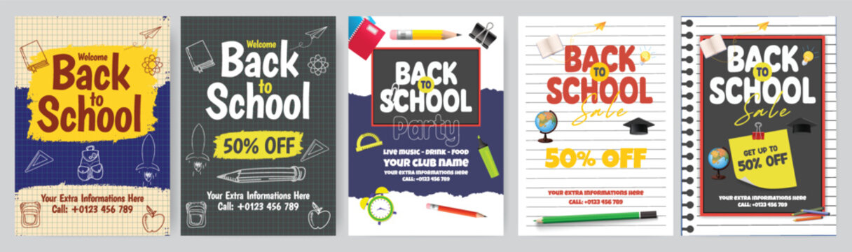 Set of Back to School school admission flyer poster template bundle modern A4 print ready online learning education celebration party brochure cover sale promotion vector pack design collections