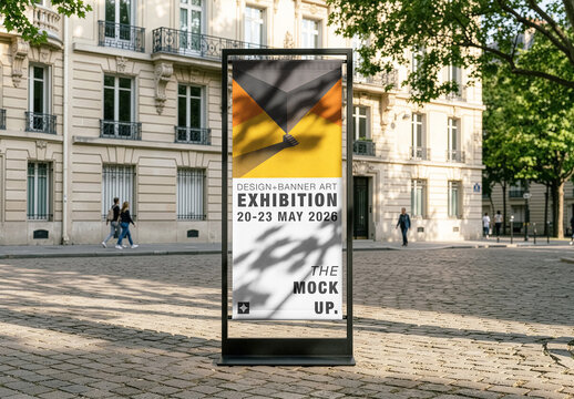 Museum Banner Urban Stand Mockup. For Showcasing Outdoor Event Advertising