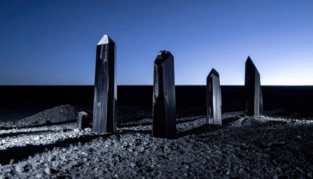 Dramatic cinematic landscape featuring sharp fractured obsidian monoliths rising from a desolate field of crushed gray slate under a deep twilight sky, perfect for abstract digital wallpaper backgroun