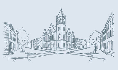 Fototapeta premium Vector line art of a vintage building. Old Building In Richmond City.