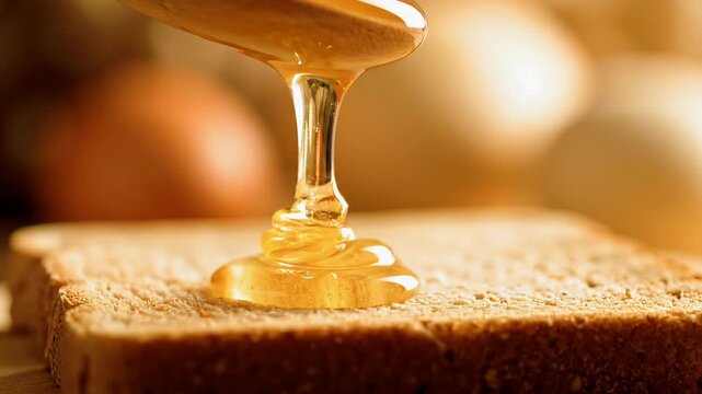 A golden stream of pure, natural honey gracefully drizzles onto a perfectly toasted slice of bread, creating a wholesome and inviting breakfast moment filled with sweet promise