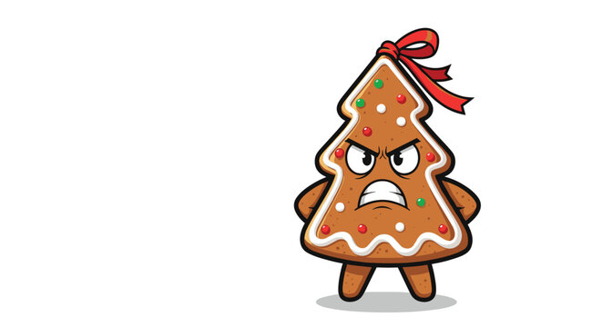 Grumpy gingerbread man character in the shape of a christmas tree with an angry facial expression on white background.