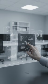 Interactive virtual screen with data visualization and financial analytics being operated by a person for business intelligence, data science and fintech marketing