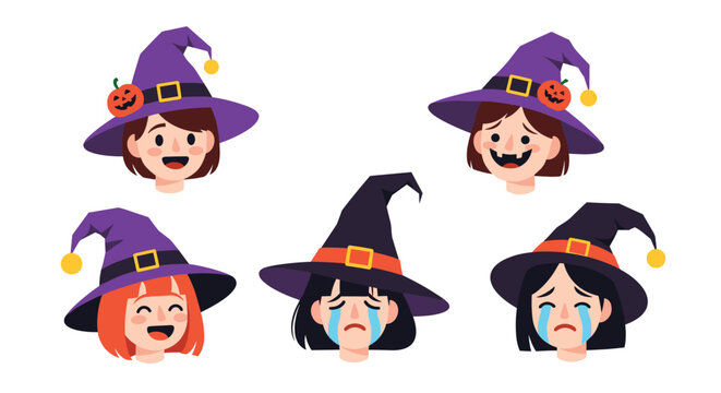 Set of six cartoon witch head icons with different expressions like happy, laughing, and crying on white background.