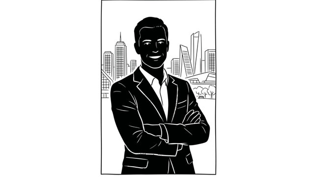 Black and white illustration of a confident professional businessman.