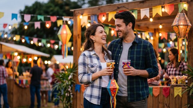 Casal adulto sorrindo em festa junina brasileira usando roupas neutras em ambiente iluminado por luzes decorativas