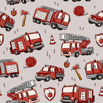 Hand drawn fire truck seamless pattern with red fire engines axes hoses and cones for kids nursery wallpaper and clothing illustration