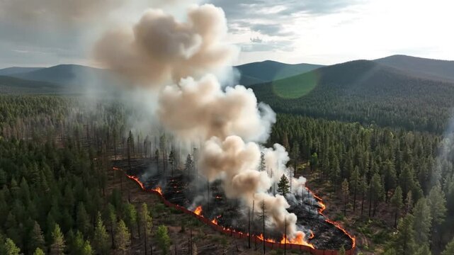 Aerial view of a controlled burn in a dense evergreen forest with large plumes of smoke billowing into the sky