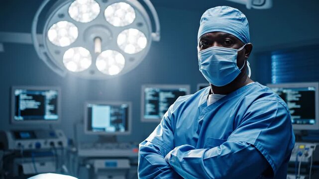portrait of confident african male surgeon in operating room. doctor wearing blue scrubs, cap and face mask with crossed arms. medical expertise, professional healthcare worker, surgery clinic.