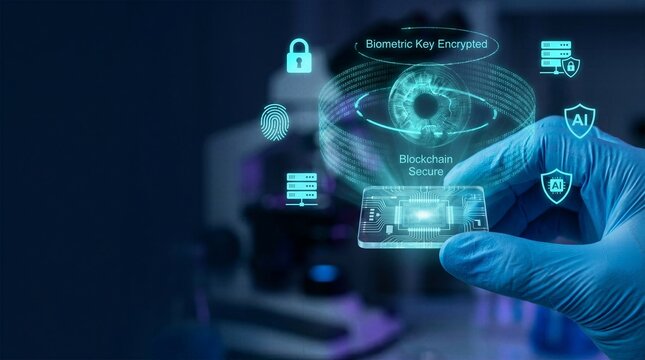 Scientist holding glass chip with holographic eye scanner and encrypted blockchain data.