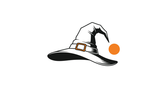 Simple black and white illustration of a pointed witch hat with a buckle and an orange circle element on a white background for Halloween.