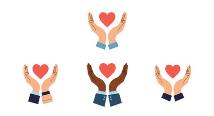 Fototapeta premium Four pairs of hands in different skin tones holding a red heart symbol representing care and global unity.