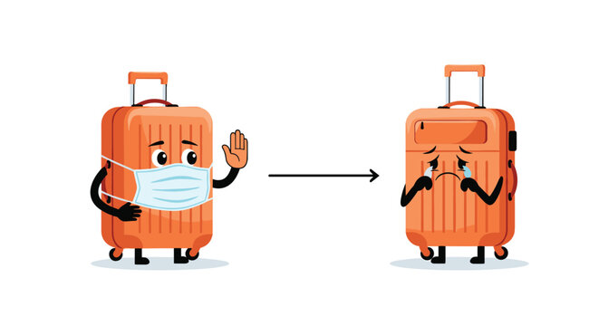 Orange suitcase character wearing a medical face mask next to a sad crying suitcase to show travel restrictions.