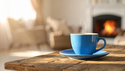Fototapeta premium Cozy blue cup with fireplace glow