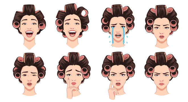 Eight female faces with hair in rollers showing various expressions like laughing, crying, and being angry.