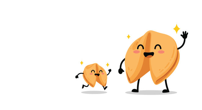Two happy fortune cookie characters, a large one waving and a small one running, on a plain white background.