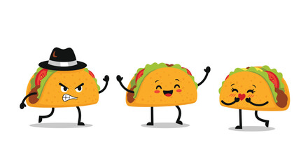 Fototapeta premium Three funny taco characters with different facial expressions including angry in a hat, happy and cheering, and a shy blushing taco with a heart.
