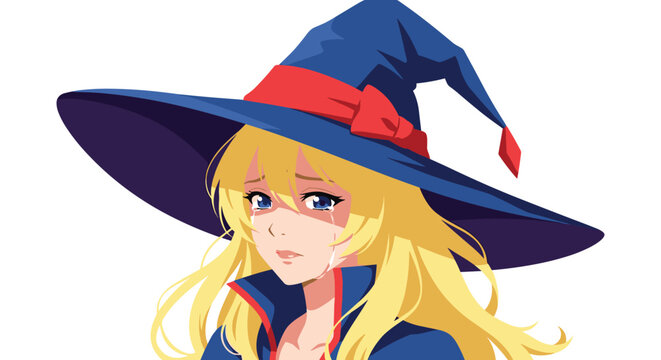 Sad blonde woman wearing a dark blue witch hat and matching cloak with tears streaming down her face for a dramatic and emotional halloween scene.