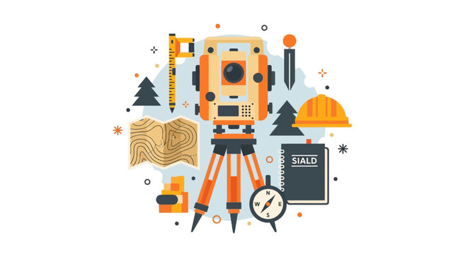 Land Surveying Equipment and Geodetic Tools Illustration with Total Station, Topographic Map, and Hard Hat for Construction and Engineering Projects
