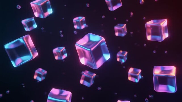 Glowing Neon 3D Cubes Floating with Glass Bubbles in Dark Space, Cinematic Full HD Motion Background Loop for Tech Presentations