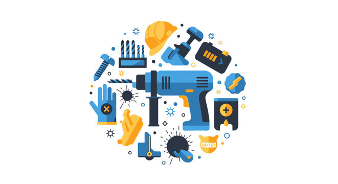 Power Tools and Construction Equipment Vector Illustration - Electric Drill, Hard Hat, and Safety Gear in Circle for DIY, Repair, and Home Renovation Projects