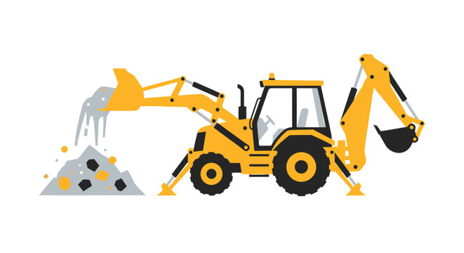 Yellow Backhoe Loader Excavator Vector Illustration with Rock Pile Isolated on White