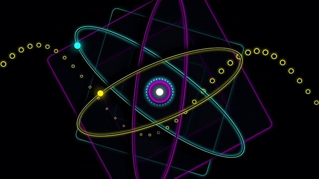 Abstract atom model with orbiting electrons on black background