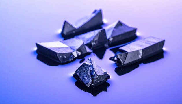 Sharp obsidian shards arranged in opposing geometric patterns on a reflective smooth liquid surface, creating a cinematic widescreen composition with deep blue light reflections and elegant shadows.