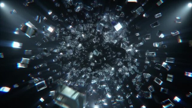 Stunning Cinematic Explosion of Shimmering Glass Cubes Breaking Apart in Dark Space with Dynamic Light Rays, Full HD Abstract Motion Background.