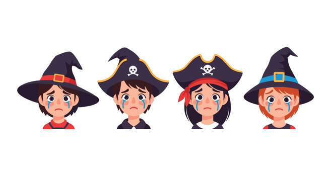 Group of four children in Halloween witch and pirate costumes crying with tears on their faces on a white background.