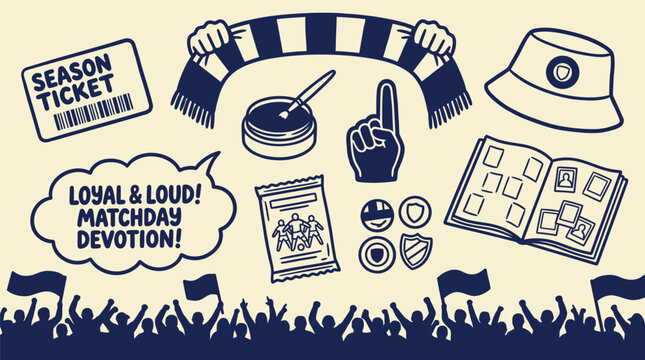 Loyal Football Fan Matchday Culture Icon Set with Season Ticket Scarf Badge and Crowd for Sports Community and Club Identity
