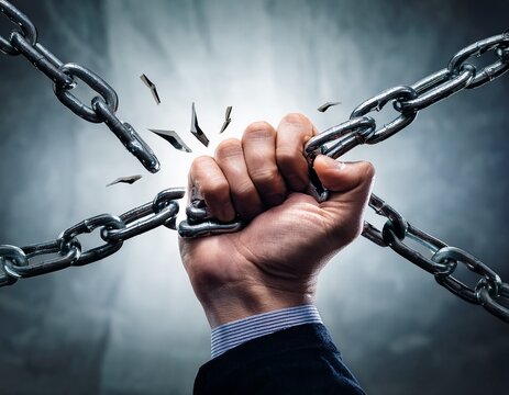 breaking free from the chains of self deception hands breaking through chains symbolizing the liberation from the constraints of self doubt and conquer their own imposter syndrome