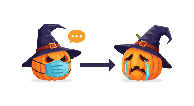 Comparison of two pumpkin characters in witch hats with one being angry wearing a mask and the other crying with tears.