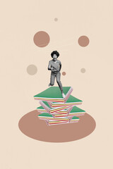 Fototapeta premium Sketch poster contemporary photo collage of happy student girl guy stand book stack education concept library bookworm hobby