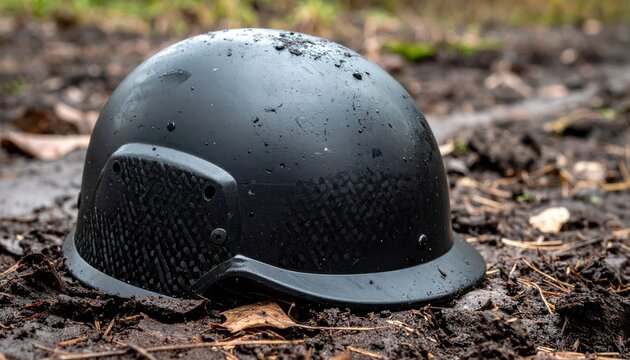A weathered matte black tactical helmet rests on dark damp earth, capturing a cinematic scene of battle fatigue and military history in a wide horizontal composition for immersive storytelling.