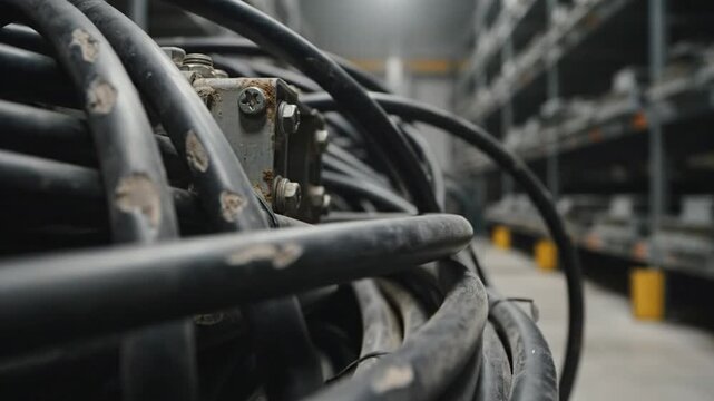 Close-up view of a tangled black cable with a metal junction box in a warehouse storage area