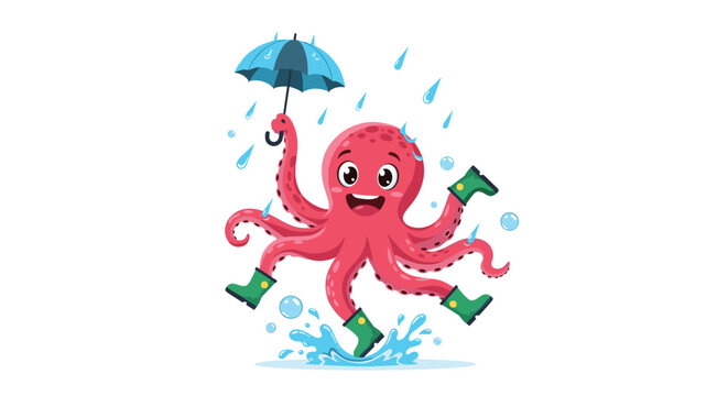 Happy pink octopus wearing green boots and holding a blue umbrella is jumping in a puddle during the rain.